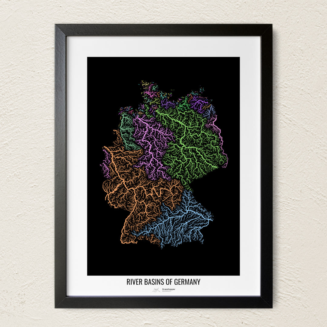 A colorful Grasshopper Geography river map on a light wall. The premium fine art poster is in a black frame with a white border. The name of the country, continent or region is printed under the image.