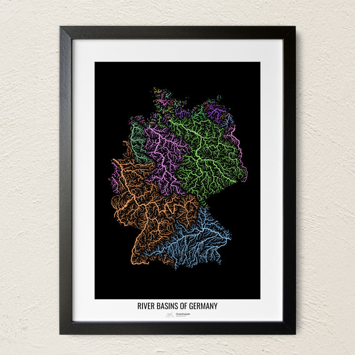 A colorful Grasshopper Geography river map on a light wall. The premium fine art poster is in a black frame with a white border. The name of the country, continent or region is printed under the image.