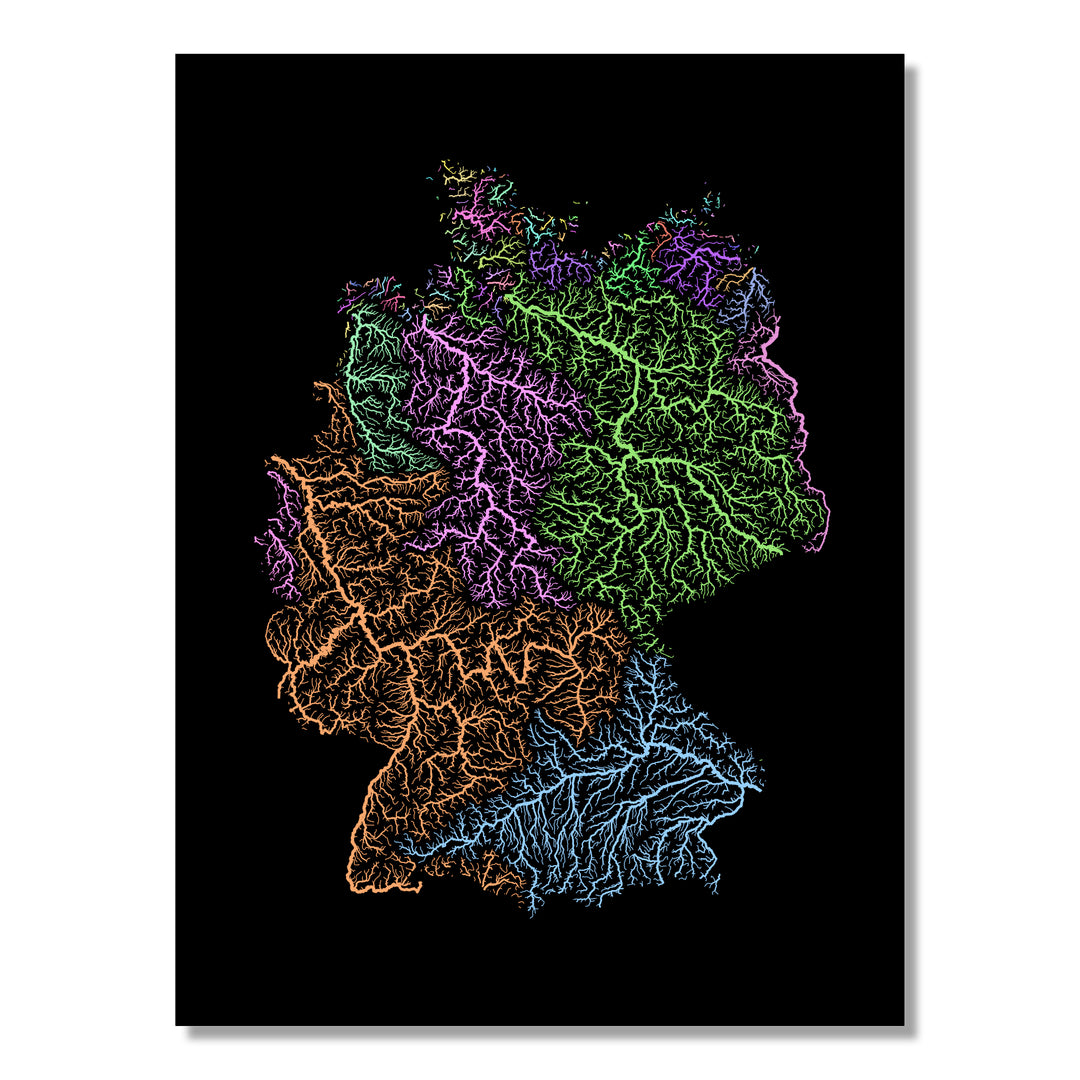 Germany - River basin map, pastel colours - Wall Art by Grasshopper Geography. Image of a high-resolution map created by geographer Robert Szucs, available as wall art and for licensing.