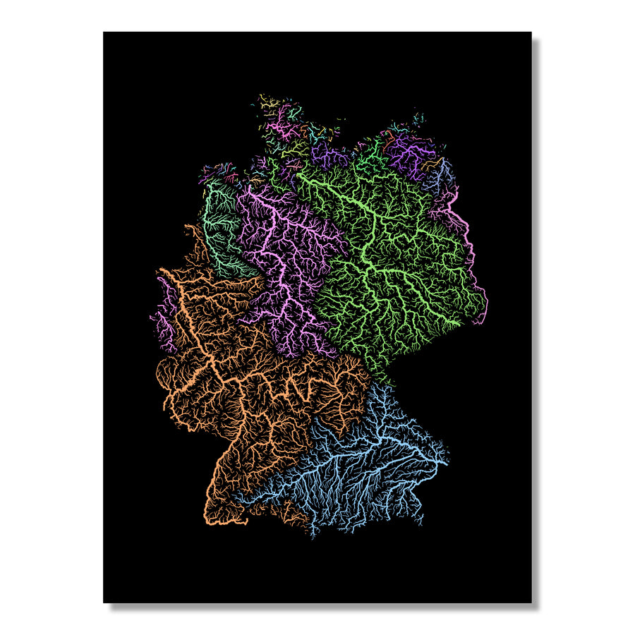 Germany - River basin map, pastel colours - Wall Art by Grasshopper Geography. Image of a high-resolution map created by geographer Robert Szucs, available as wall art and for licensing.