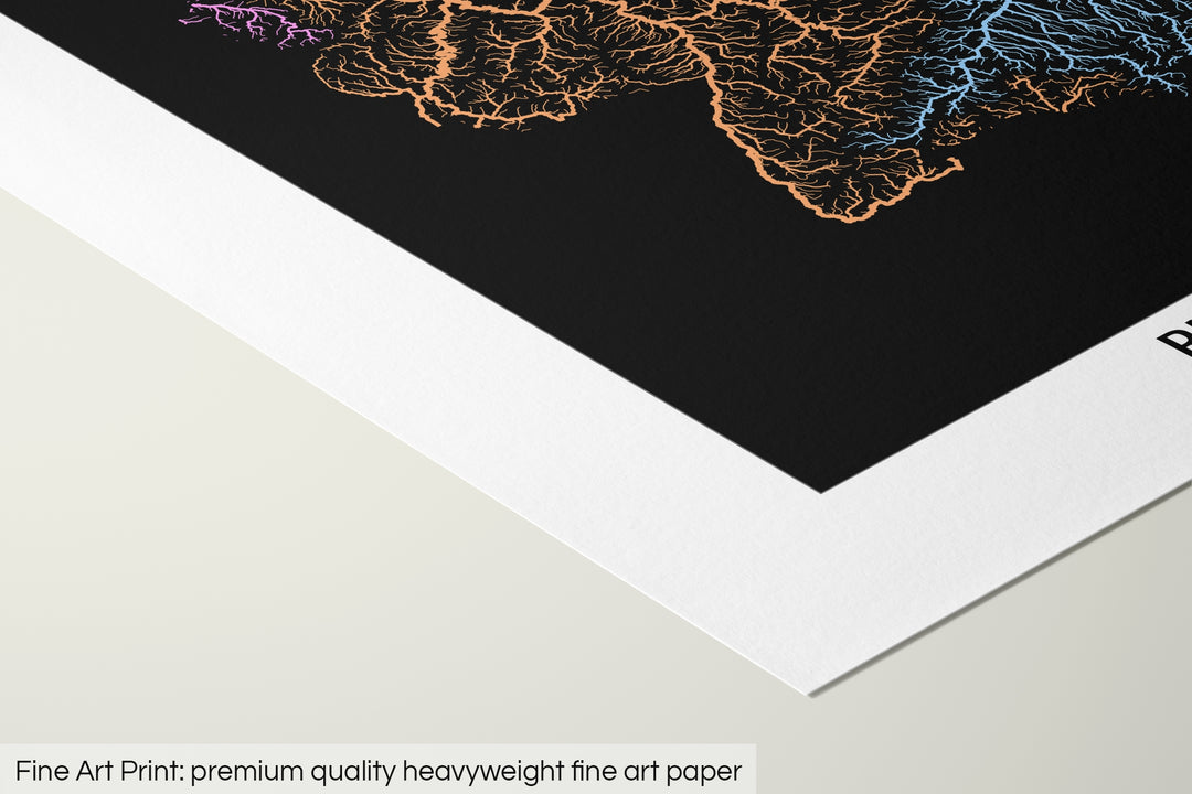 Closeup of a fine art print's corner lying on a flat surface, the details of a Grasshopper Geography map is visible. The text at the bottom reads: Fine art print - premium quality heavyweight fine art paper.