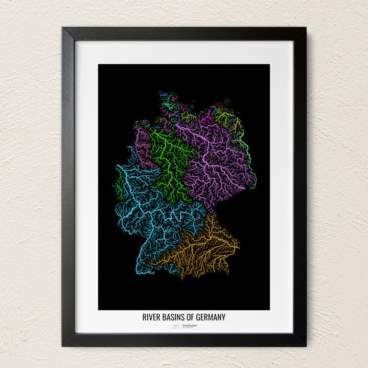A colorful Grasshopper Geography river map on a light wall. The premium fine art poster is in a black frame with a white border. The name of the country, continent or region is printed under the image.