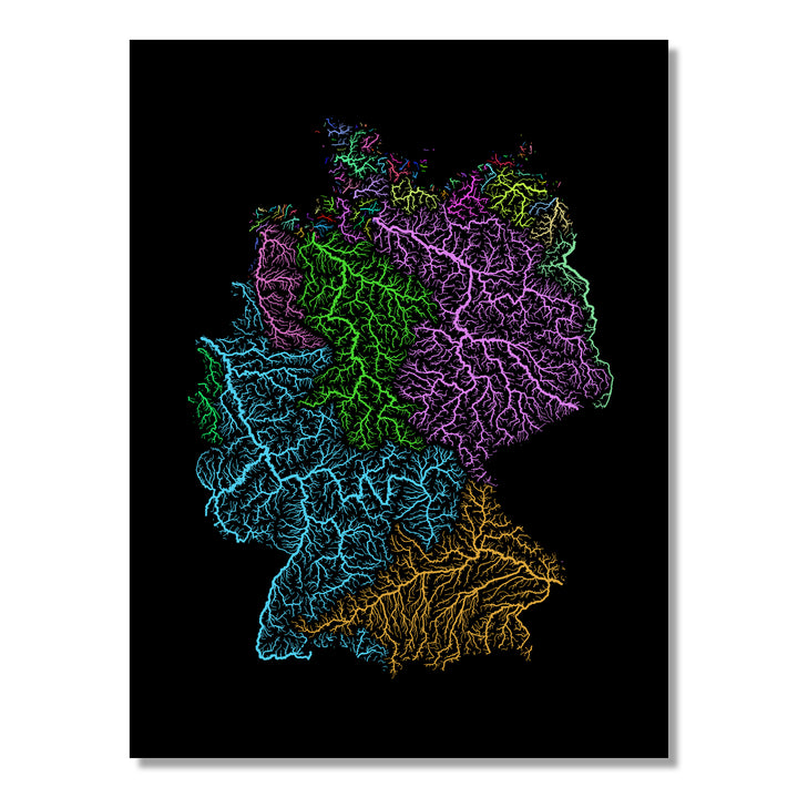 Germany - River basin map, rainbow colours - Wall Art by Grasshopper Geography. Image of a high-resolution map created by geographer Robert Szucs, available as wall art and for licensing.