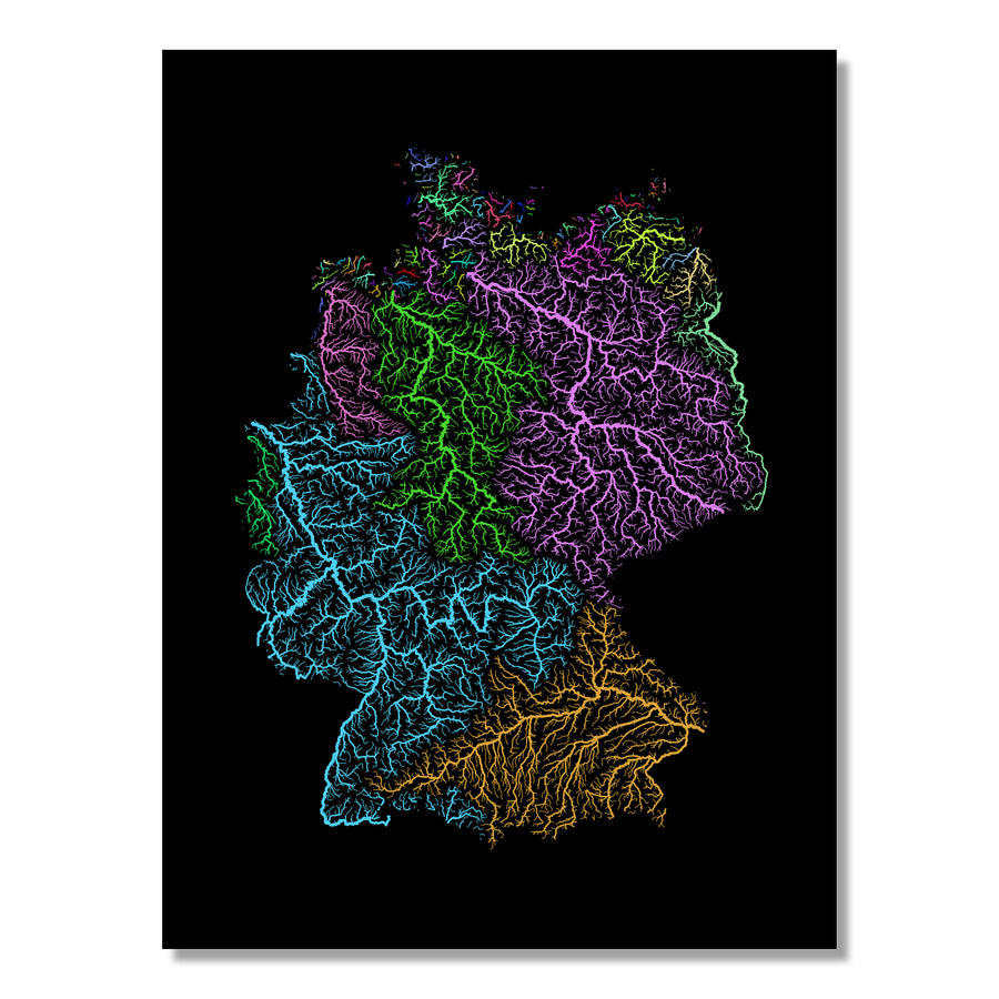 Germany - River basin map, rainbow colours - Wall Art by Grasshopper Geography. Image of a high-resolution map created by geographer Robert Szucs, available as wall art and for licensing.