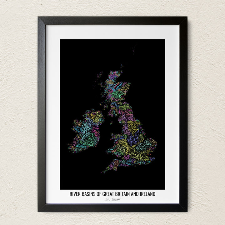 A colorful Grasshopper Geography river map on a light wall. The premium fine art poster is in a black frame with a white border. The name of the country, continent or region is printed under the image.