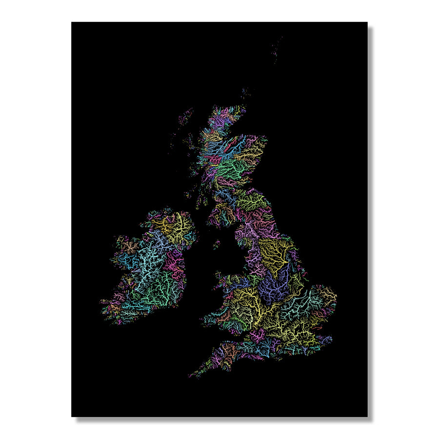 Great Britain and Ireland - River basin map, pastel colours - Wall Art by Grasshopper Geography. Image of a high-resolution map created by geographer Robert Szucs, available as wall art and for licensing.