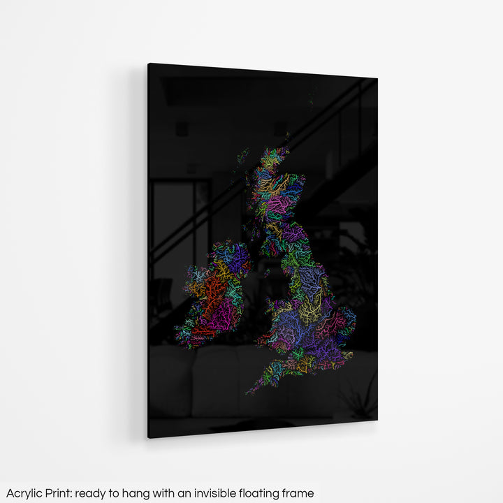 A colourful Grasshopper Geography map hanging on a white wall. The text at the bottom reads: Acrylic print - ready to hang with an invisible floating frame.