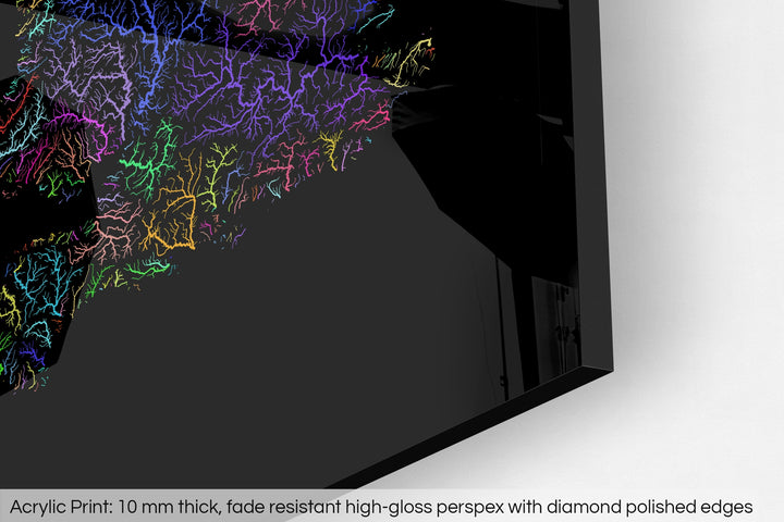 Closeup of an acrylic panel's corner, the details of a Grasshopper Geography map is visible. The text at the bottom reads: Acrylic print - 10 mm thick, fade reistant high-gloss perspex with diamond polished edges.
