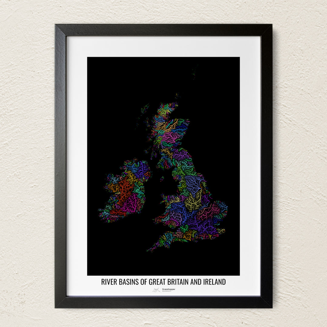 A colorful Grasshopper Geography river map on a light wall. The premium fine art poster is in a black frame with a white border. The name of the country, continent or region is printed under the image.