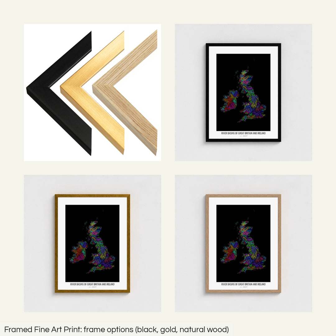 The image shows the different frames available at Grasshopper Geography's map shop: black, golden and natural wood. The image is a collection of four smaller pictures: the first one shows the wooden frames up close, the other three are mockups of the printed map in each frame.
