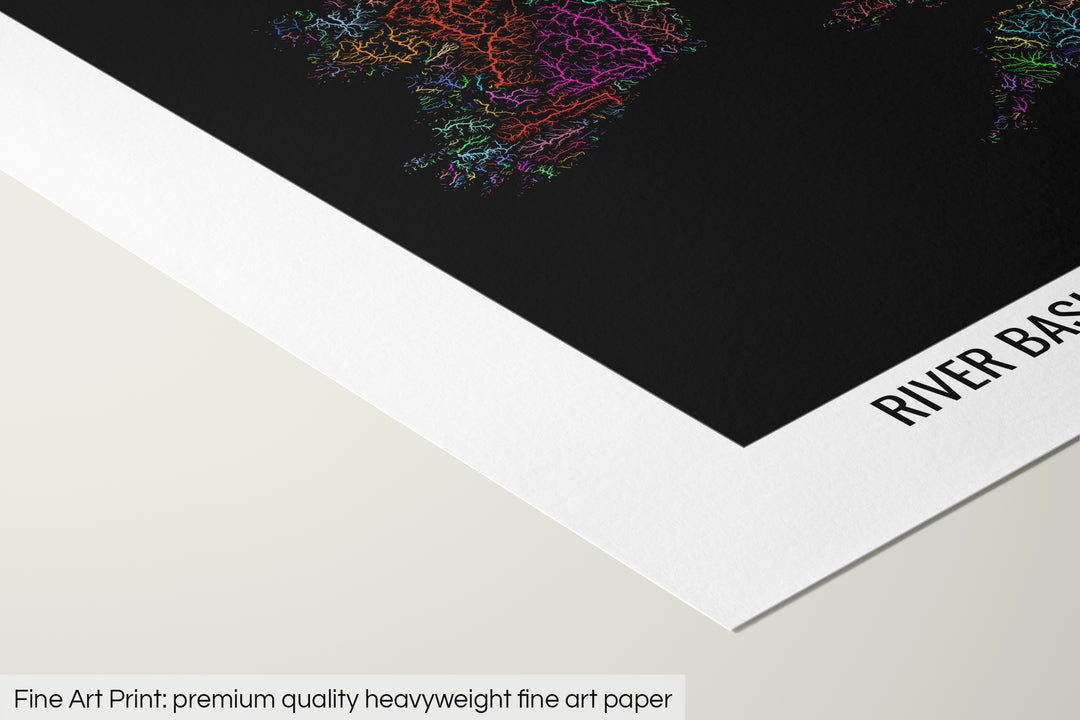 Closeup of a fine art print's corner lying on a flat surface, the details of a Grasshopper Geography map is visible. The text at the bottom reads: Fine art print - premium quality heavyweight fine art paper.