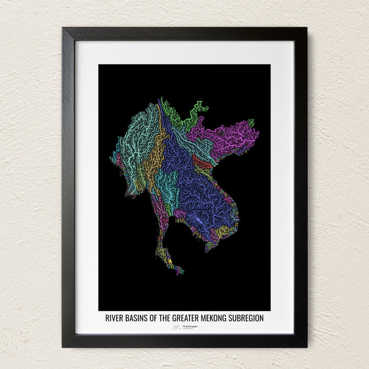 A colorful Grasshopper Geography river map on a light wall. The premium fine art poster is in a black frame with a white border. The name of the country, continent or region is printed under the image.