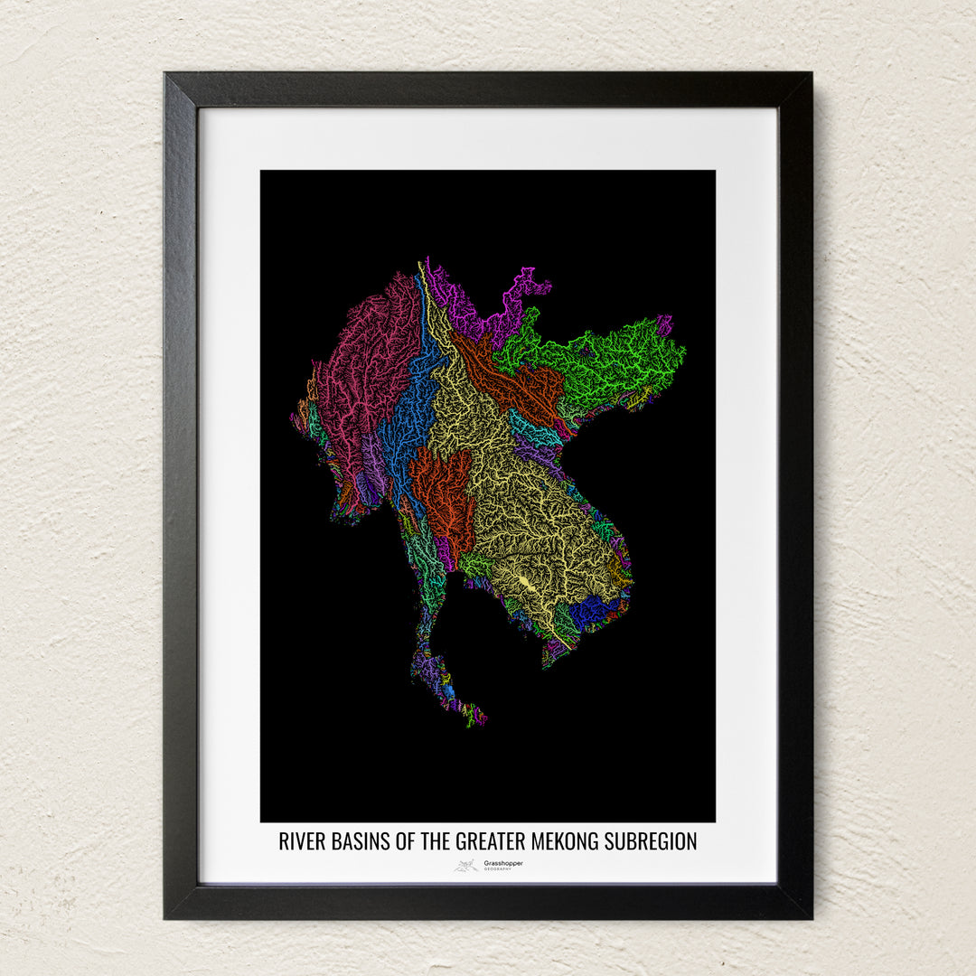 A colorful Grasshopper Geography river map on a light wall. The premium fine art poster is in a black frame with a white border. The name of the country, continent or region is printed under the image.
