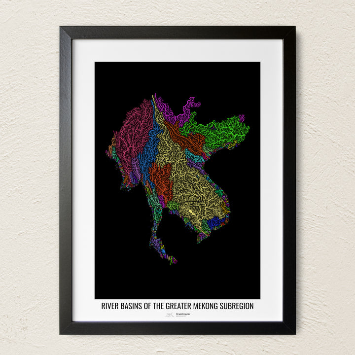 A colorful Grasshopper Geography river map on a light wall. The premium fine art poster is in a black frame with a white border. The name of the country, continent or region is printed under the image.