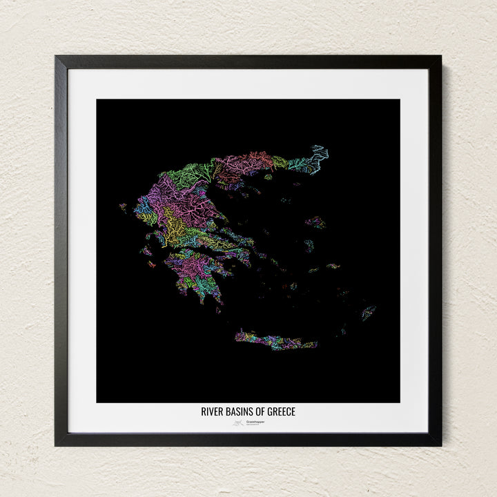 A colorful Grasshopper Geography river map on a light wall. The premium fine art poster is in a black frame with a white border. The name of the country, continent or region is printed under the image.