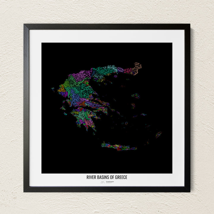 A colorful Grasshopper Geography river map on a light wall. The premium fine art poster is in a black frame with a white border. The name of the country, continent or region is printed under the image.