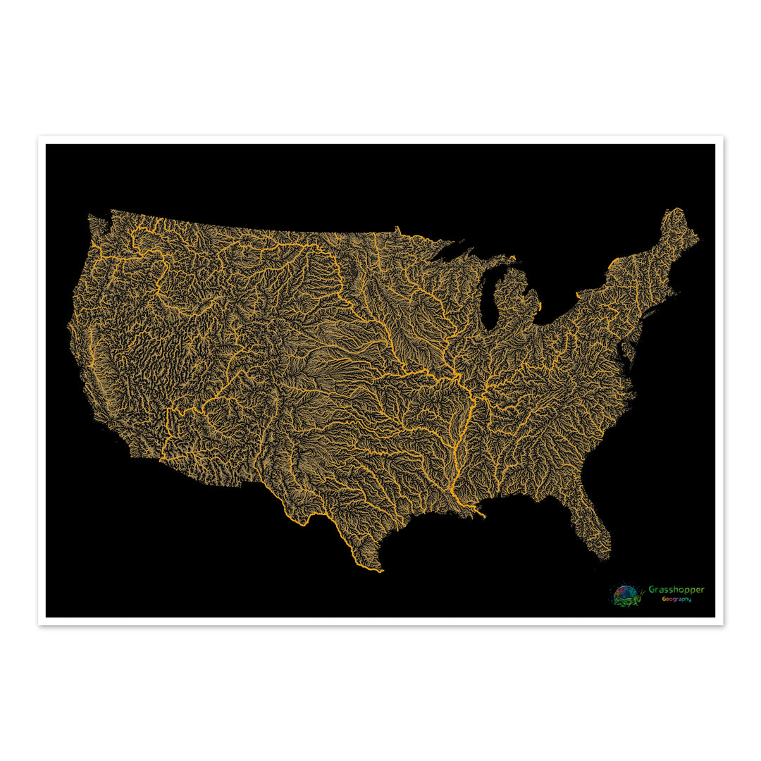 Les États-Unis - Carte fluviale grise et orange sur fond noir - Tirage d'art