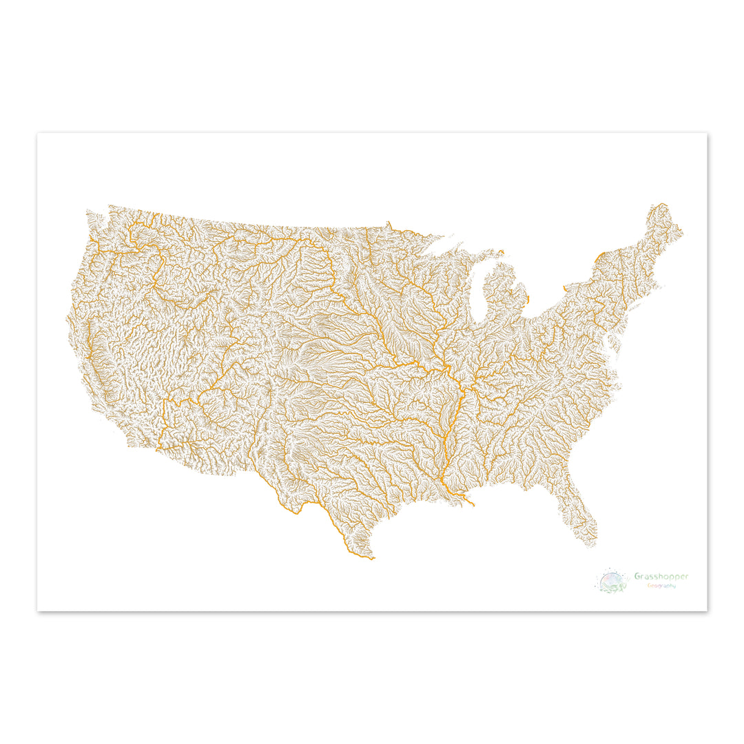Estados Unidos - Mapa de ríos gris y naranja sobre blanco - Impresión de Bellas Artes