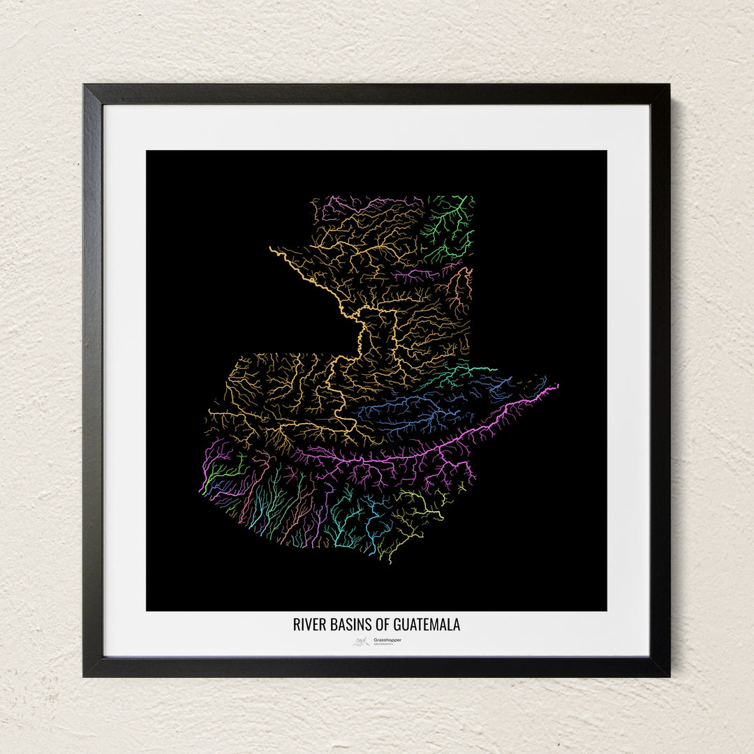 A colorful Grasshopper Geography river map on a light wall. The premium fine art poster is in a black frame with a white border. The name of the country, continent or region is printed under the image.