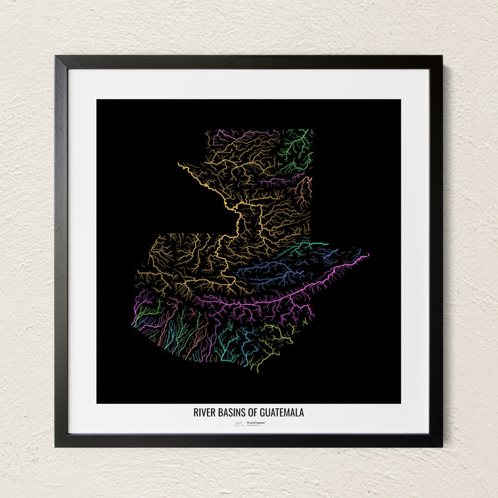 A colorful Grasshopper Geography river map on a light wall. The premium fine art poster is in a black frame with a white border. The name of the country, continent or region is printed under the image.