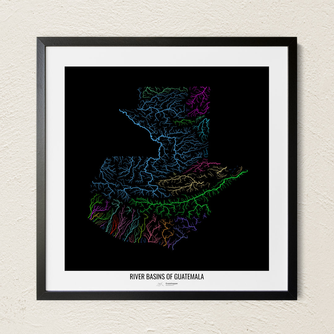 A colorful Grasshopper Geography river map on a light wall. The premium fine art poster is in a black frame with a white border. The name of the country, continent or region is printed under the image.