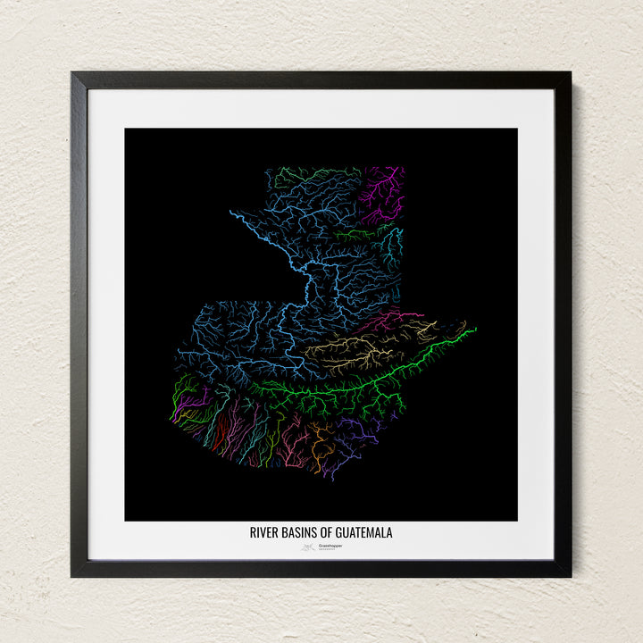A colorful Grasshopper Geography river map on a light wall. The premium fine art poster is in a black frame with a white border. The name of the country, continent or region is printed under the image.