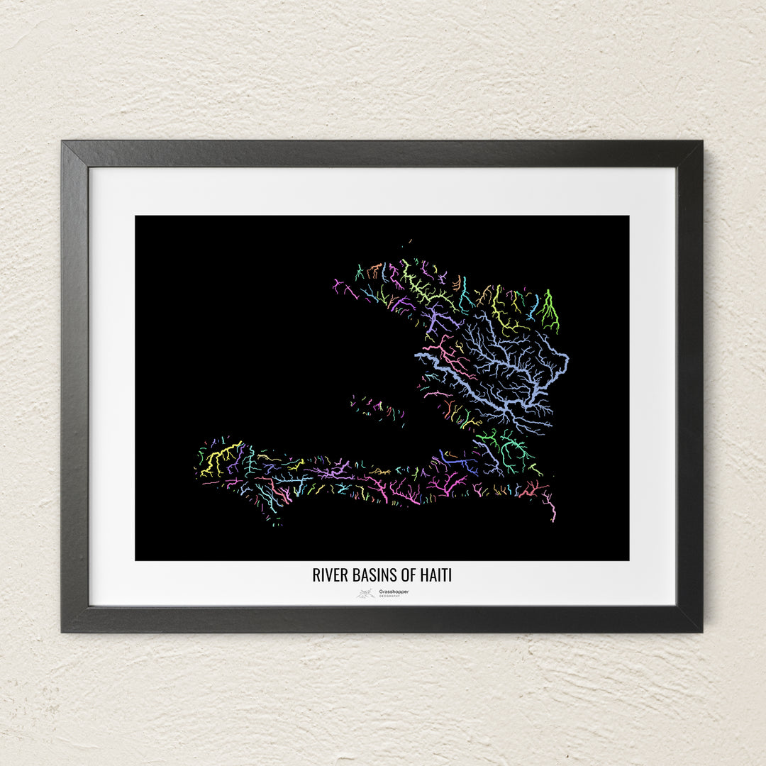 A colorful Grasshopper Geography river map on a light wall. The premium fine art poster is in a black frame with a white border. The name of the country, continent or region is printed under the image.