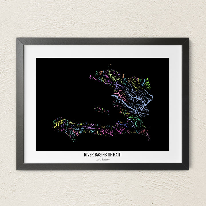 A colorful Grasshopper Geography river map on a light wall. The premium fine art poster is in a black frame with a white border. The name of the country, continent or region is printed under the image.