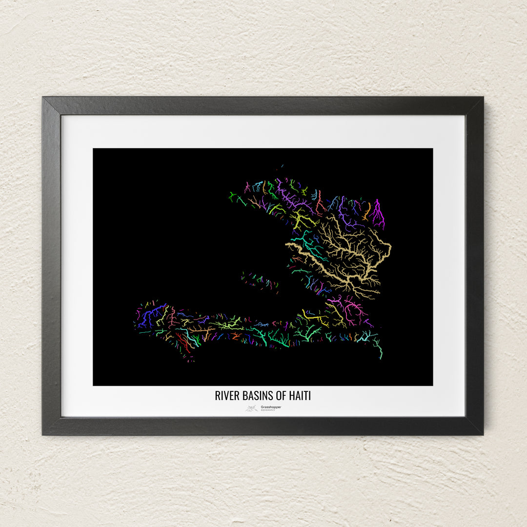 A colorful Grasshopper Geography river map on a light wall. The premium fine art poster is in a black frame with a white border. The name of the country, continent or region is printed under the image.