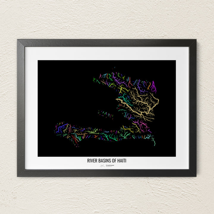 A colorful Grasshopper Geography river map on a light wall. The premium fine art poster is in a black frame with a white border. The name of the country, continent or region is printed under the image.