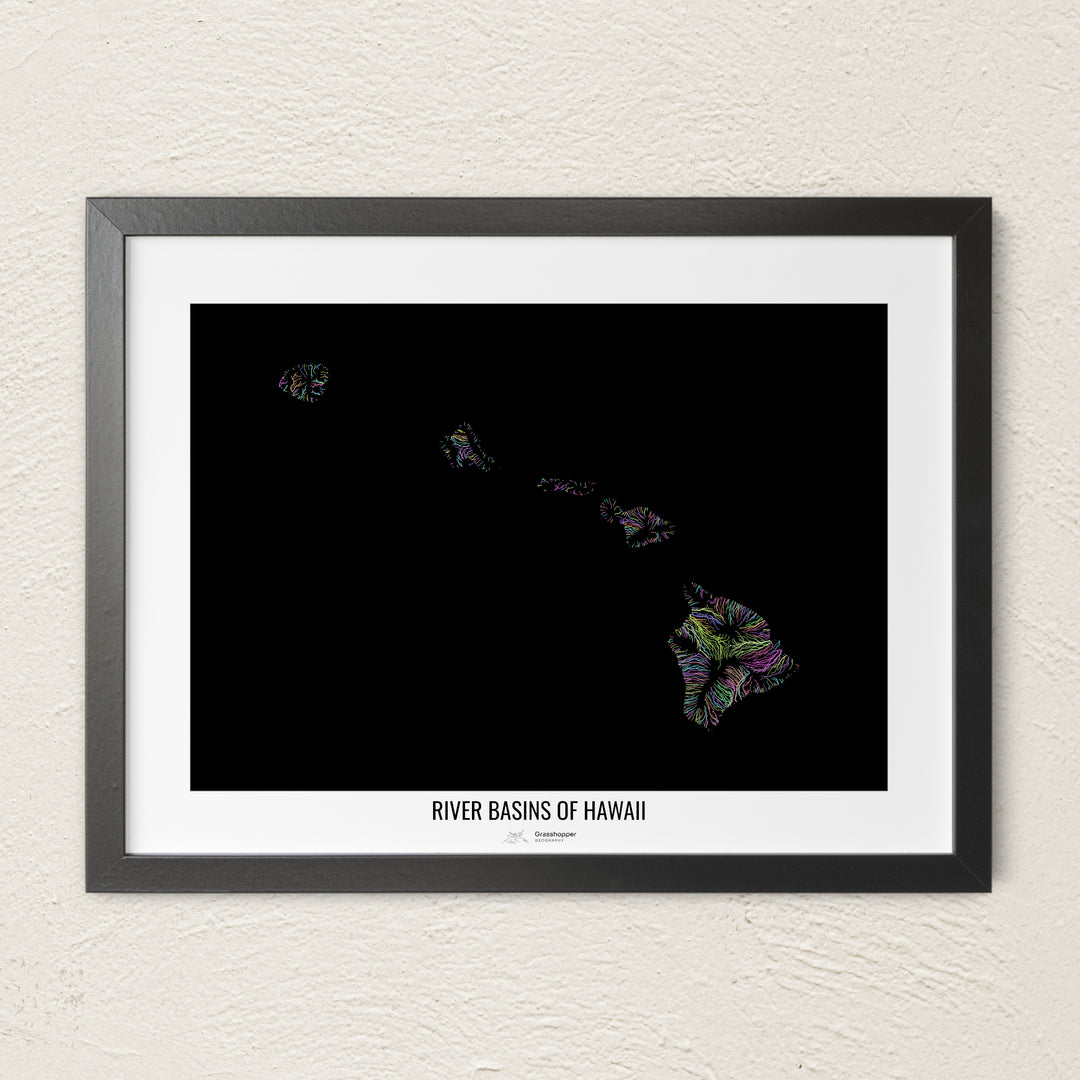 A colorful Grasshopper Geography river map on a light wall. The premium fine art poster is in a black frame with a white border. The name of the country, continent or region is printed under the image.