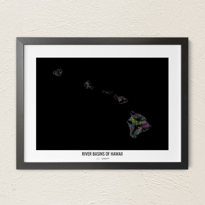A colorful Grasshopper Geography river map on a light wall. The premium fine art poster is in a black frame with a white border. The name of the country, continent or region is printed under the image.