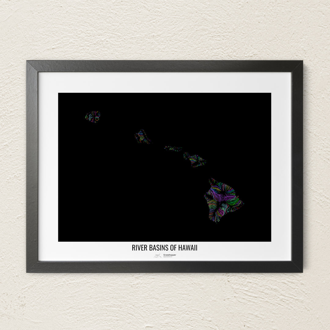 A colorful Grasshopper Geography river map on a light wall. The premium fine art poster is in a black frame with a white border. The name of the country, continent or region is printed under the image.