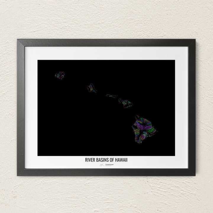 A colorful Grasshopper Geography river map on a light wall. The premium fine art poster is in a black frame with a white border. The name of the country, continent or region is printed under the image.