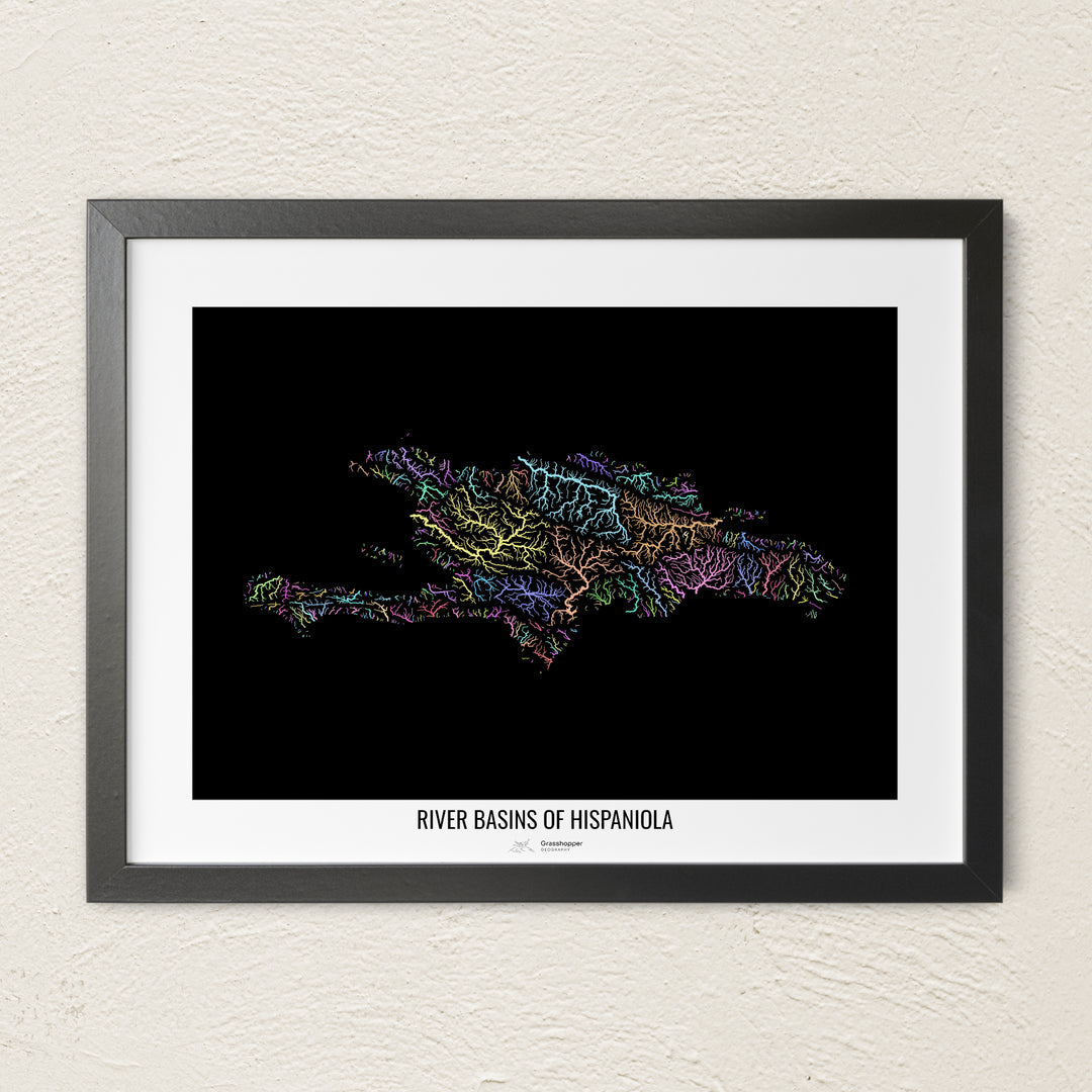 A colorful Grasshopper Geography river map on a light wall. The premium fine art poster is in a black frame with a white border. The name of the country, continent or region is printed under the image.