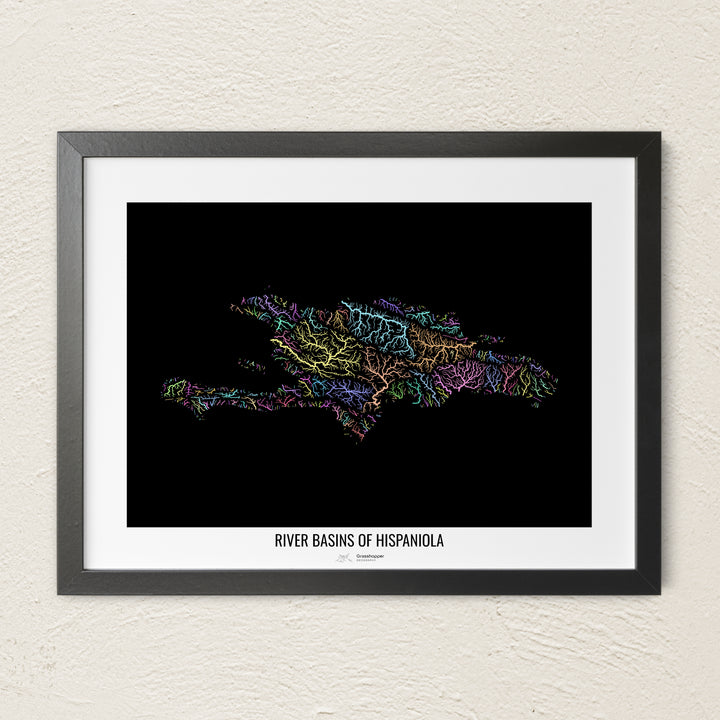 A colorful Grasshopper Geography river map on a light wall. The premium fine art poster is in a black frame with a white border. The name of the country, continent or region is printed under the image.