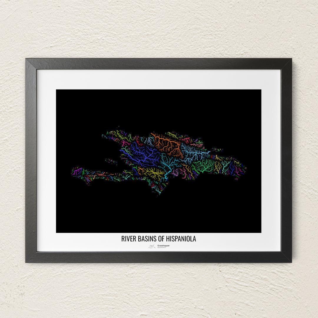 A colorful Grasshopper Geography river map on a light wall. The premium fine art poster is in a black frame with a white border. The name of the country, continent or region is printed under the image.