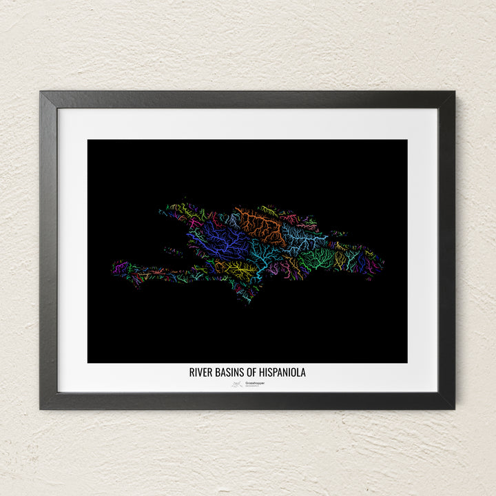 A colorful Grasshopper Geography river map on a light wall. The premium fine art poster is in a black frame with a white border. The name of the country, continent or region is printed under the image.