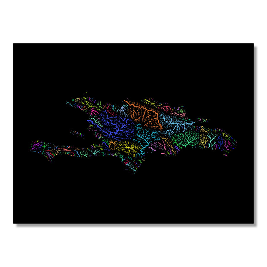 Hispaniola - River basin map, rainbow colours - Wall Art by Grasshopper Geography. Image of a high-resolution map created by geographer Robert Szucs, available as wall art and for licensing.