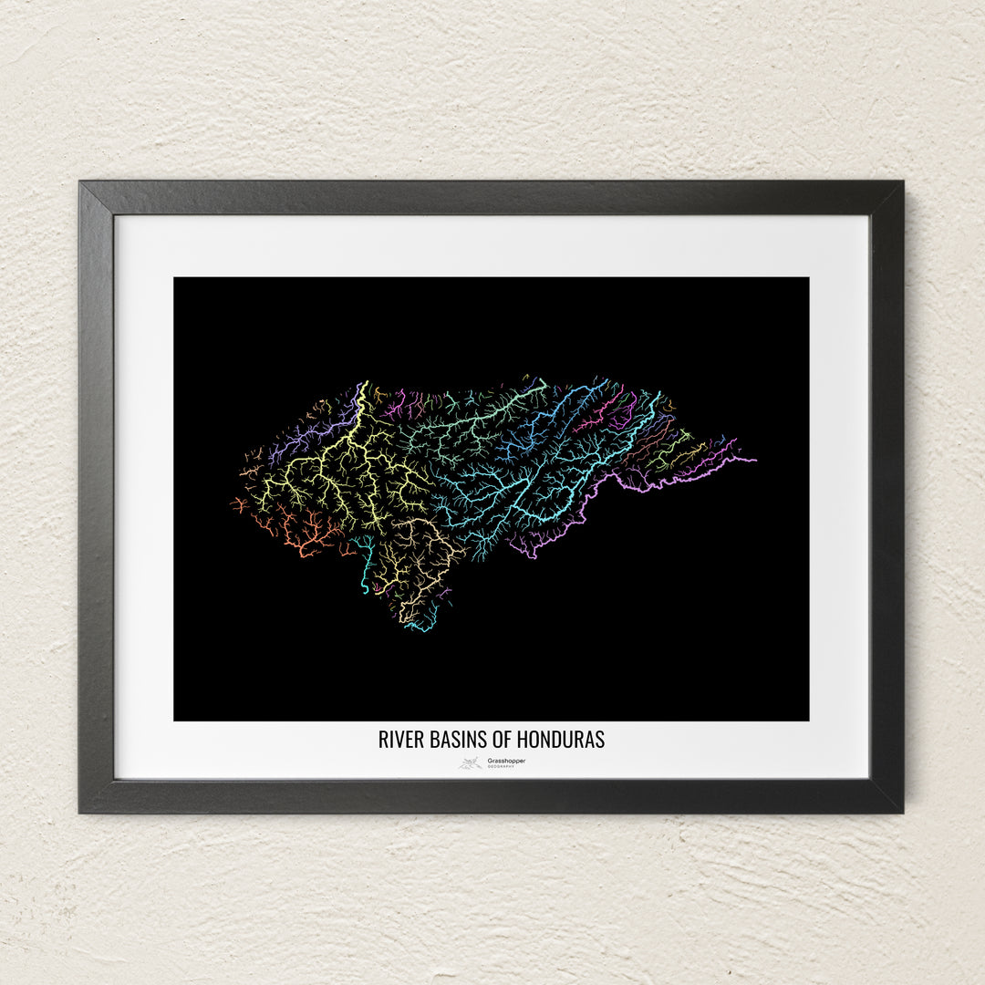 A colorful Grasshopper Geography river map on a light wall. The premium fine art poster is in a black frame with a white border. The name of the country, continent or region is printed under the image.