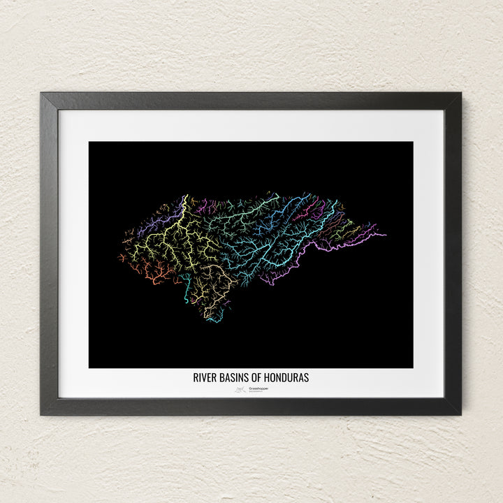 A colorful Grasshopper Geography river map on a light wall. The premium fine art poster is in a black frame with a white border. The name of the country, continent or region is printed under the image.