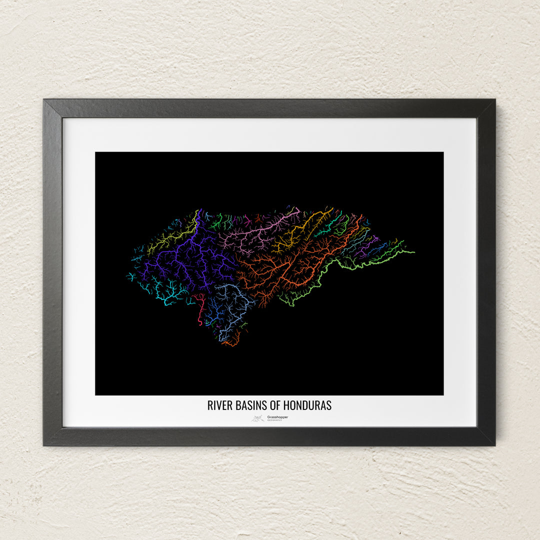A colorful Grasshopper Geography river map on a light wall. The premium fine art poster is in a black frame with a white border. The name of the country, continent or region is printed under the image.