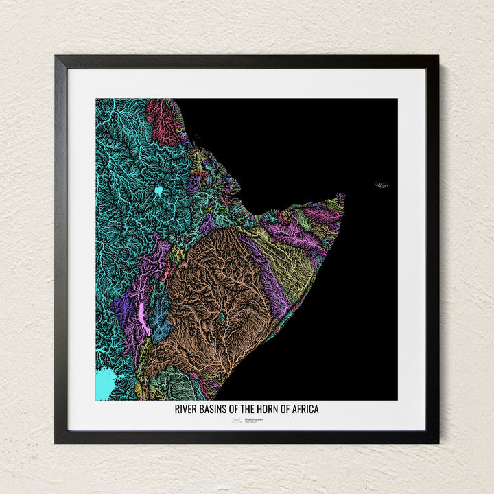 A colorful Grasshopper Geography river map on a light wall. The premium fine art poster is in a black frame with a white border. The name of the country, continent or region is printed under the image.