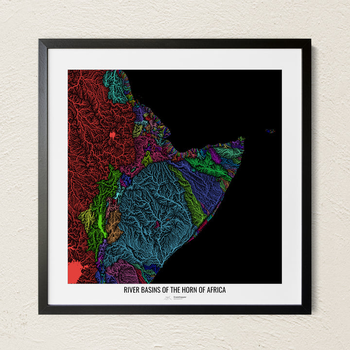 A colorful Grasshopper Geography river map on a light wall. The premium fine art poster is in a black frame with a white border. The name of the country, continent or region is printed under the image.