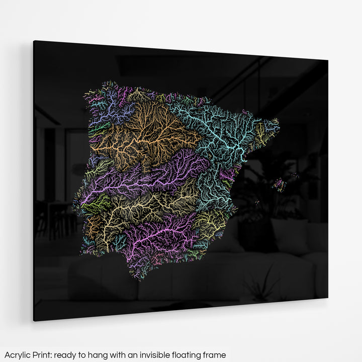 A colourful Grasshopper Geography map hanging on a white wall. The text at the bottom reads: Acrylic print - ready to hang with an invisible floating frame.