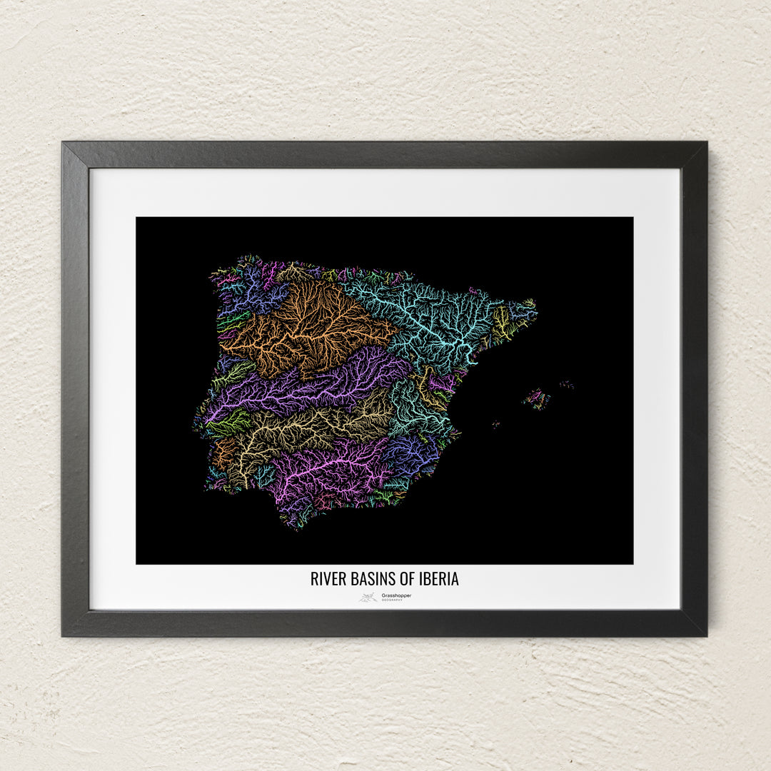 A colorful Grasshopper Geography river map on a light wall. The premium fine art poster is in a black frame with a white border. The name of the country, continent or region is printed under the image.