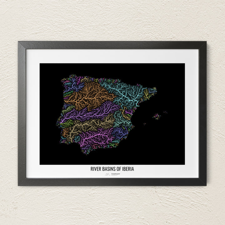A colorful Grasshopper Geography river map on a light wall. The premium fine art poster is in a black frame with a white border. The name of the country, continent or region is printed under the image.
