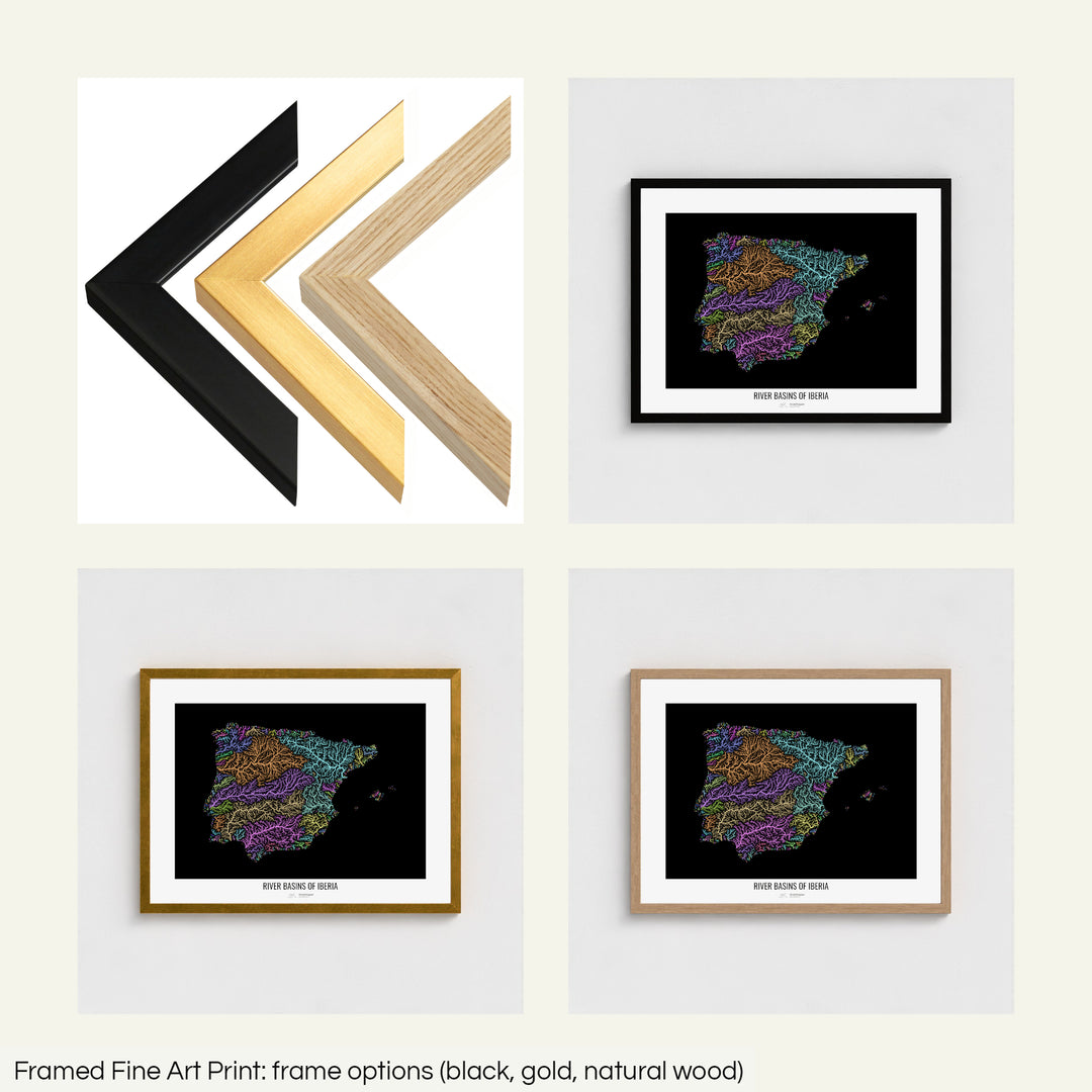The image shows the different frames available at Grasshopper Geography's map shop: black, golden and natural wood. The image is a collection of four smaller pictures: the first one shows the wooden frames up close, the other three are mockups of the printed map in each frame.