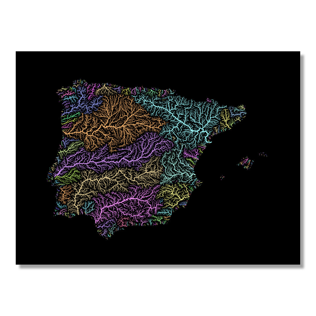 Iberia - River basin map, pastel colours - Wall Art by Grasshopper Geography. Image of a high-resolution map created by geographer Robert Szucs, available as wall art and for licensing.