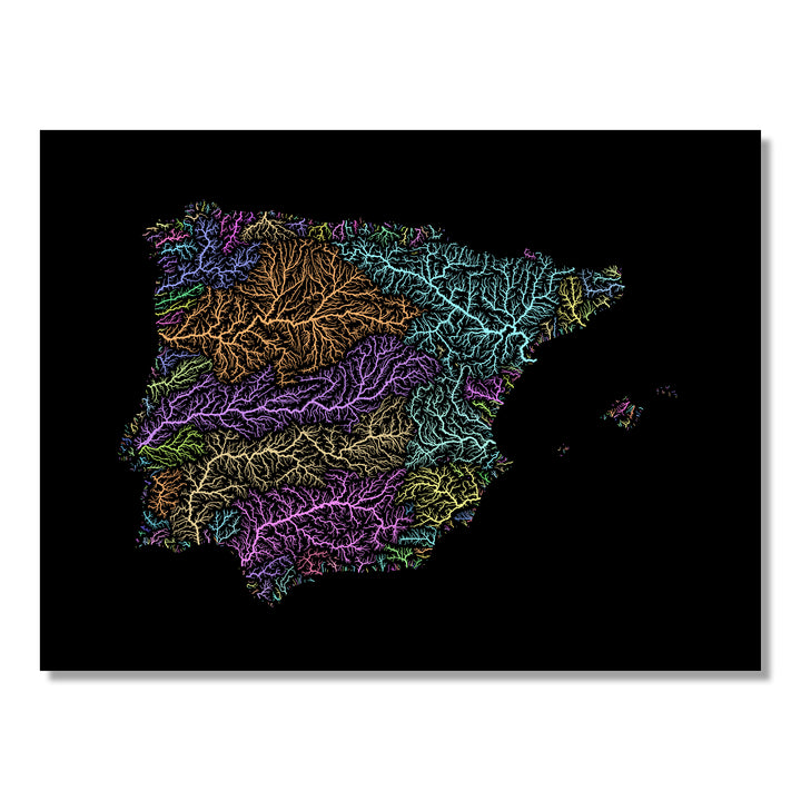 Iberia - River basin map, pastel colours - Wall Art by Grasshopper Geography. Image of a high-resolution map created by geographer Robert Szucs, available as wall art and for licensing.